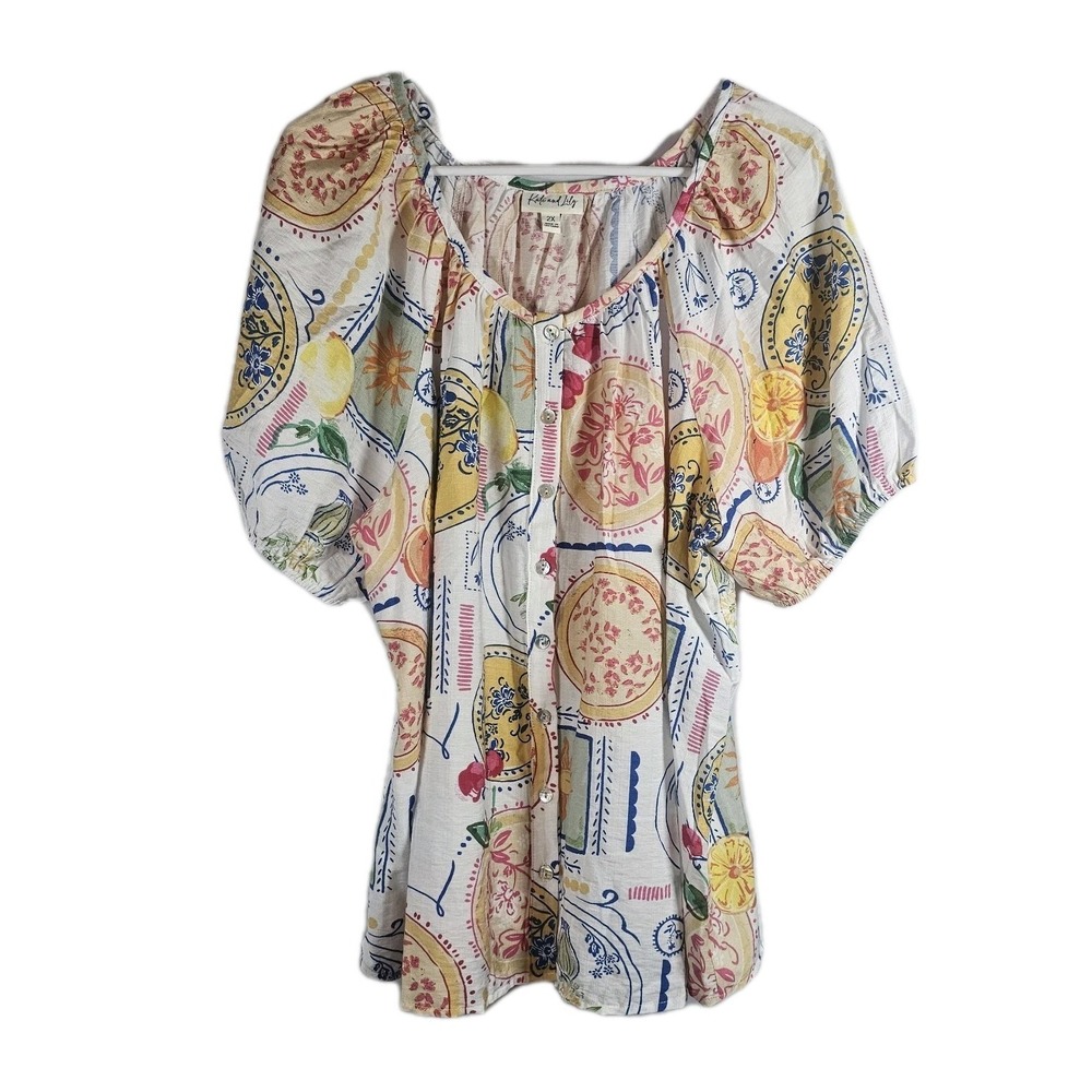 Kate and Lily Top Shirt Button Up Fruit an Flowers Plus Size 2X Floral EUC